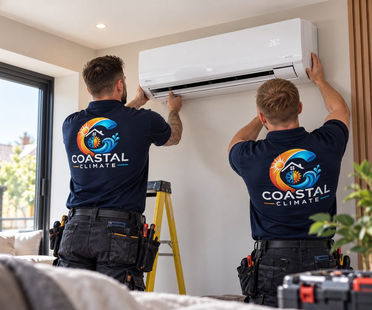 Two Coastal Climate engineers in branded polo shirts fitting a wall-mounted air conditioning unit in a home.
